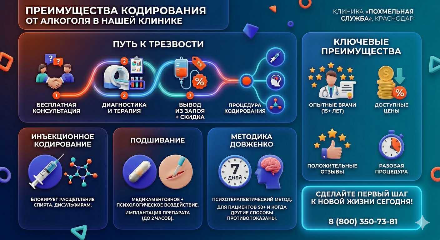 Инфографика о методах кодирования от алкоголя в Краснозёрском: инъекции, подшивание, метод Довженко. Преимущества клиники и этапы лечения.